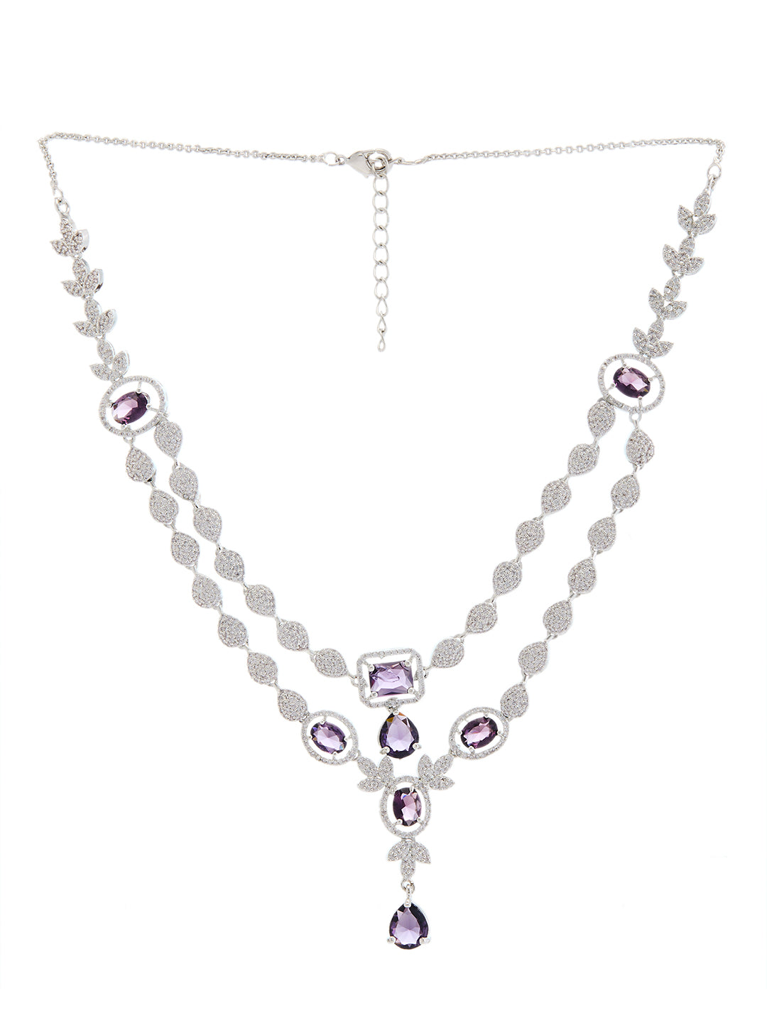 rhodium-plated double-layered necklace set with purple and white CZ stones and matching drop earrings