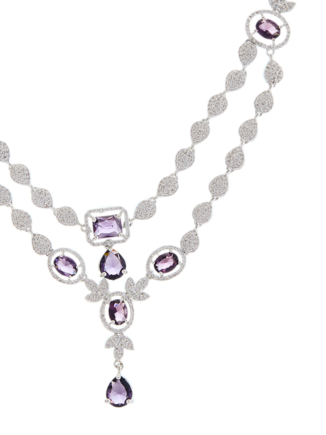 rhodium-plated double-layered necklace set with purple and white CZ stones and matching drop earrings