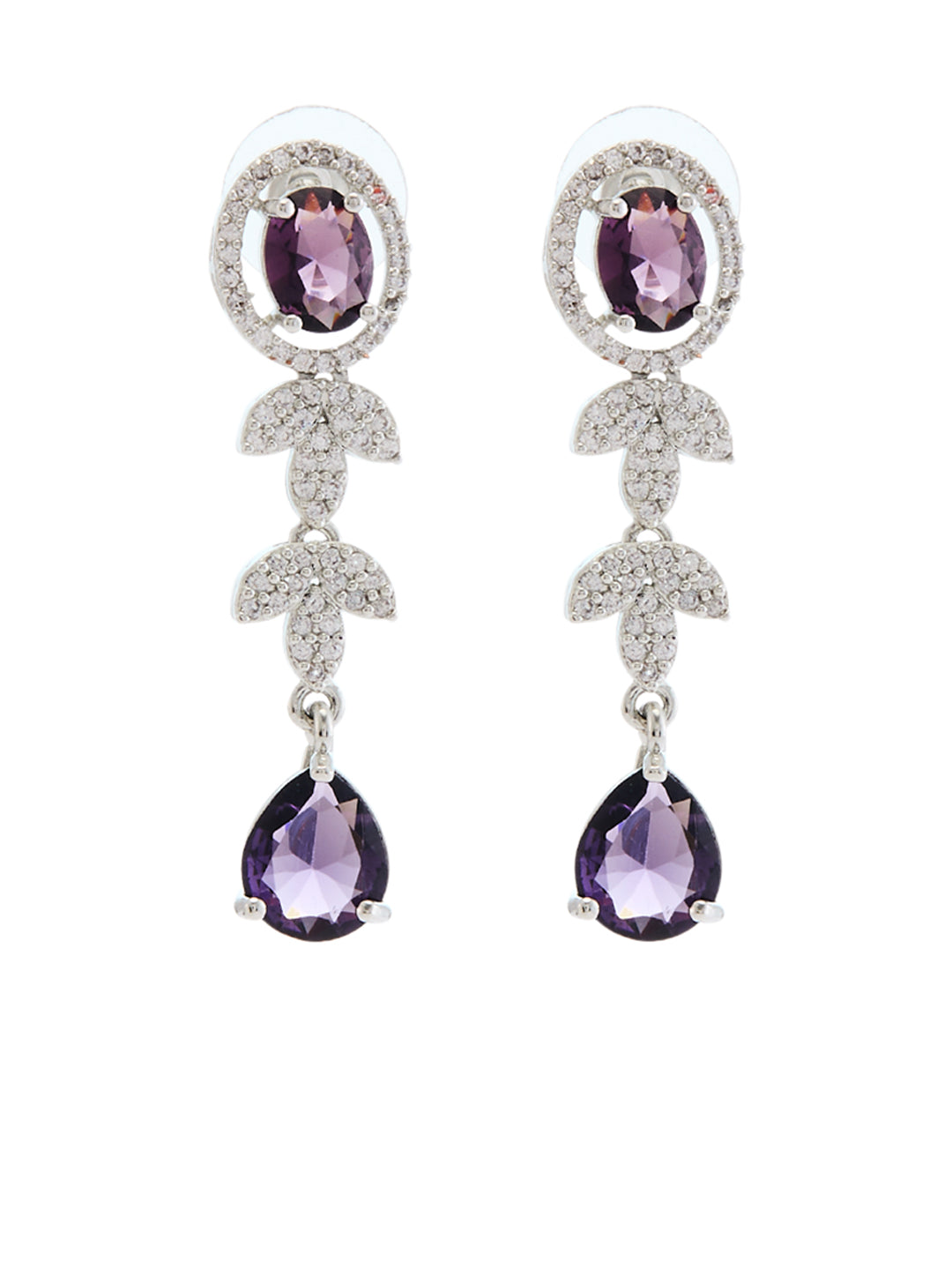 rhodium-plated double-layered necklace set with purple and white CZ stones and matching drop earrings