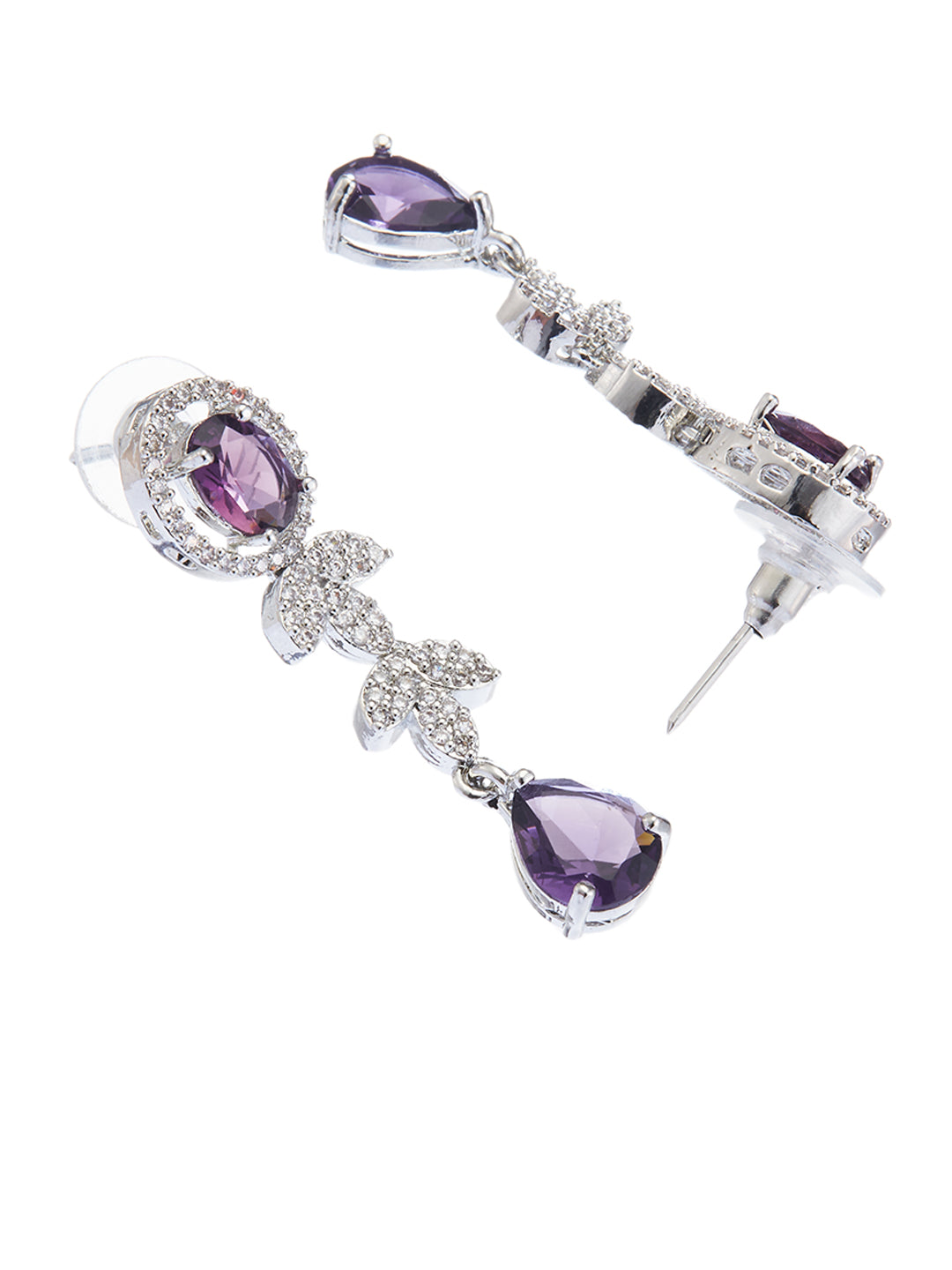 rhodium-plated double-layered necklace set with purple and white CZ stones and matching drop earrings