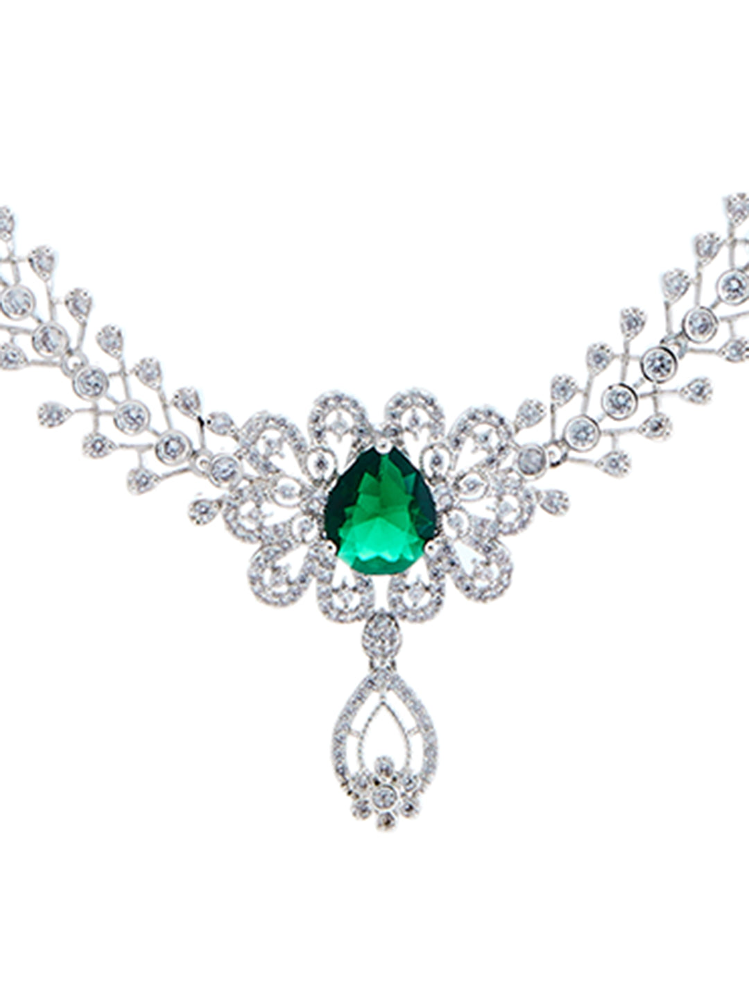 Rhodium-plated green stone diamond necklace set with floral design and matching drop earrings worn by woman
