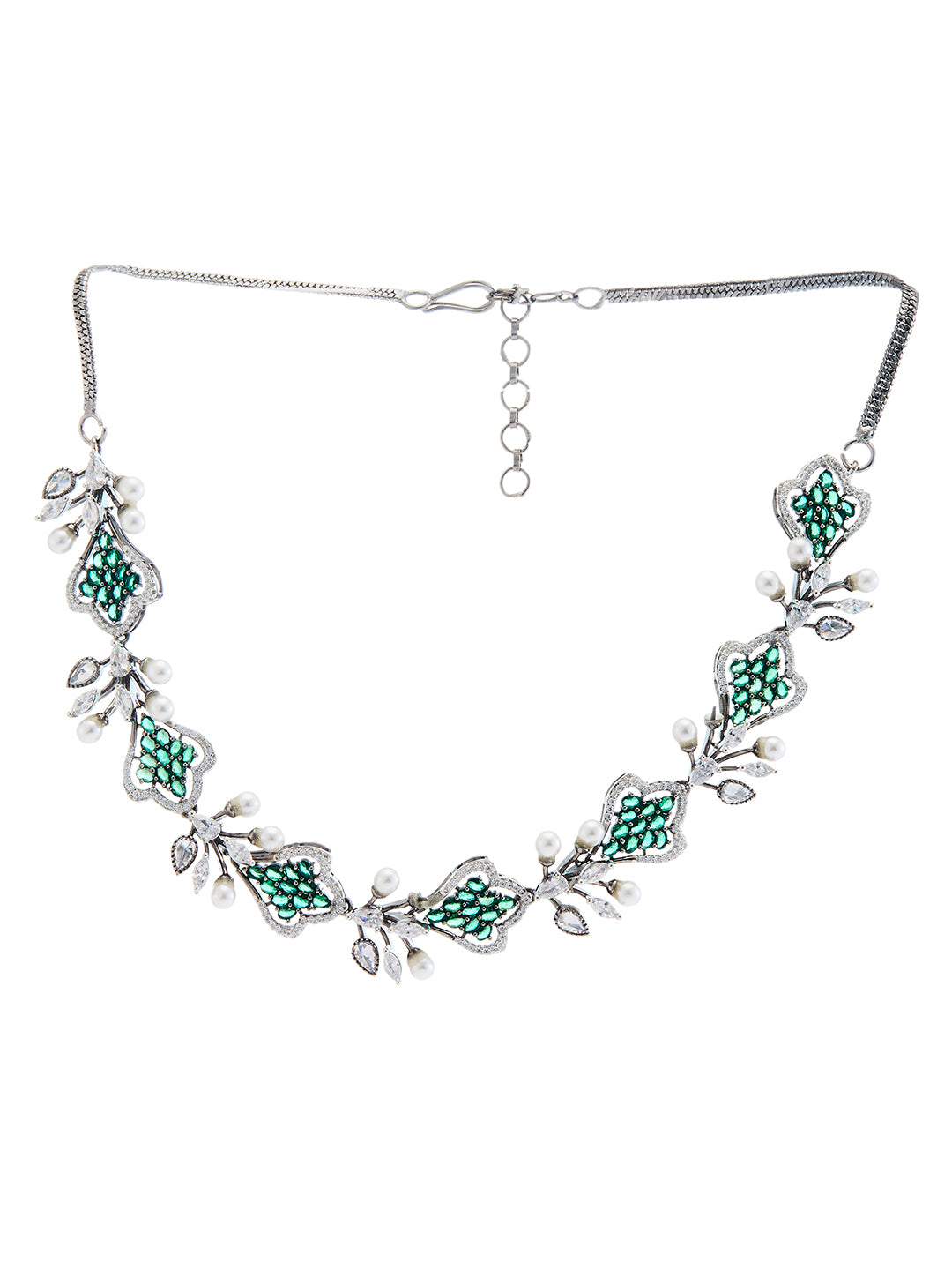 Black-plated diamond and pearl choker set with green cubic zirconia stones and drop earrings