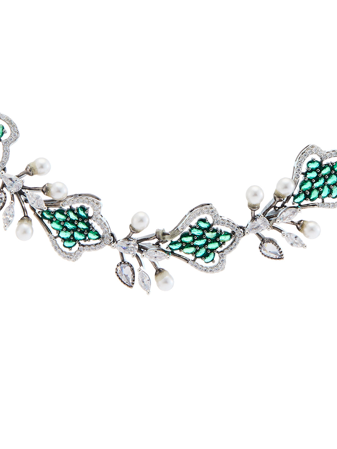 Black-plated diamond and pearl choker set with green cubic zirconia stones and drop earrings