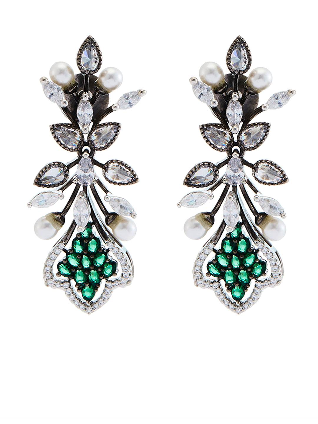 Black-plated diamond and pearl choker set with green cubic zirconia stones and drop earrings