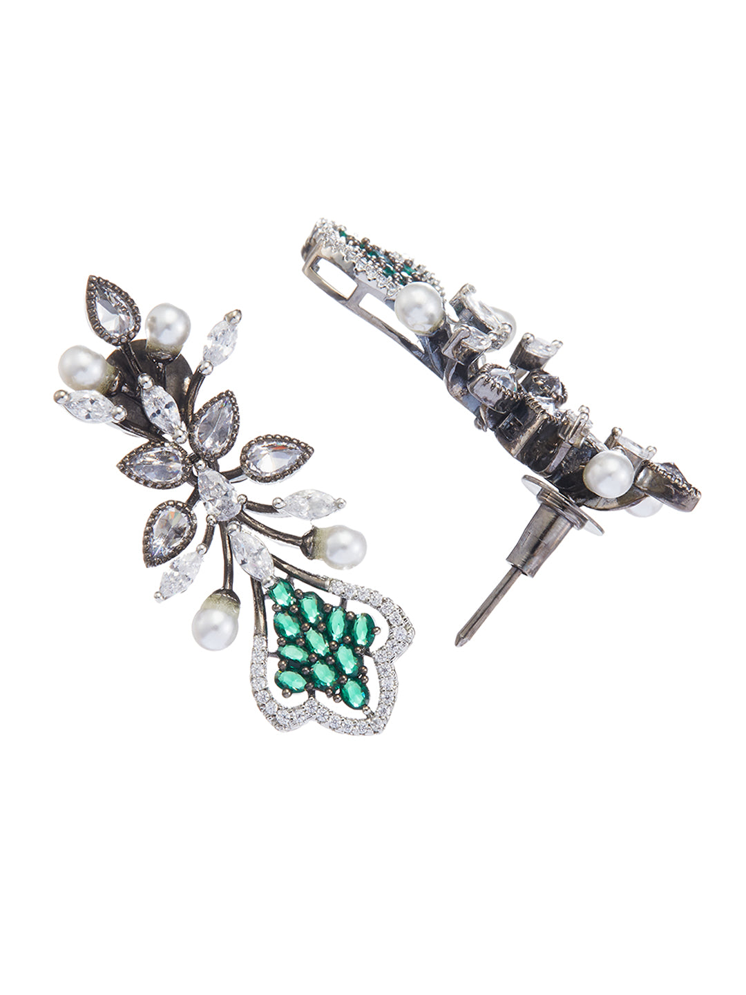 Black-plated diamond and pearl choker set with green cubic zirconia stones and drop earrings