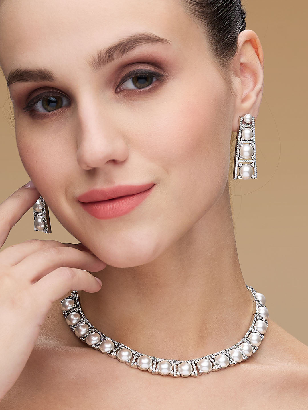 Rhodium-Plated Cubic Zirconia & Pearls Studded Jewellery Set
