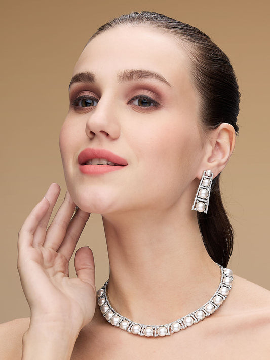 Diamond and Pearl Necklace Set with Rhodium Finish and Matching Drop Earrings – Elegant Jewellery by Asmitta