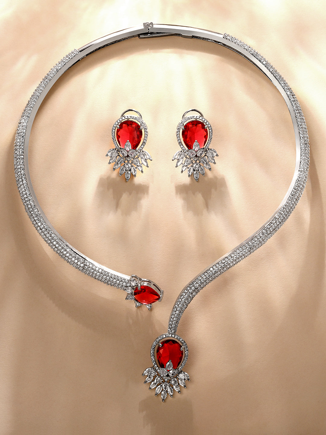 ruby red stone necklace set with earrings