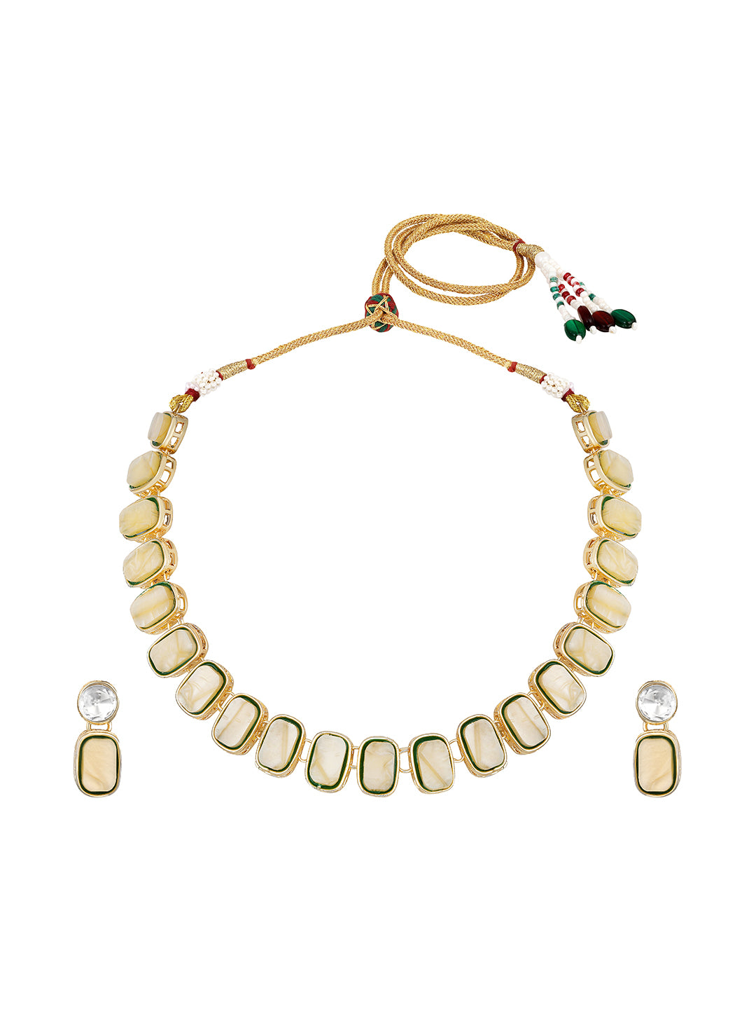 golden pearl choker necklace set with matching earrings