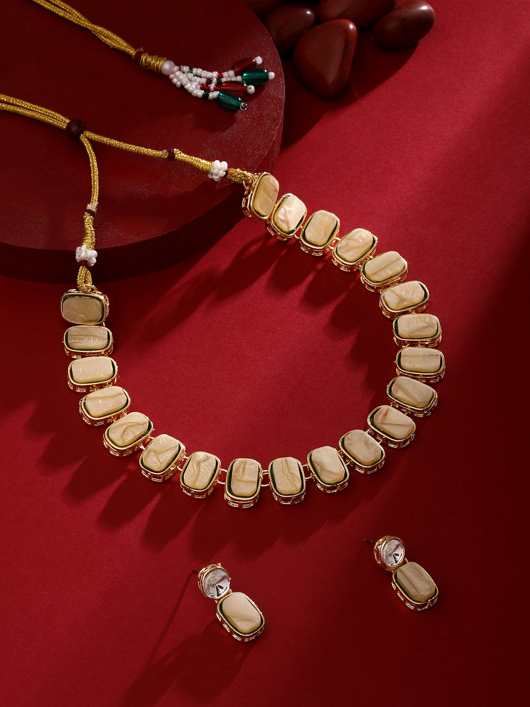 golden pearl choker necklace set with matching earrings