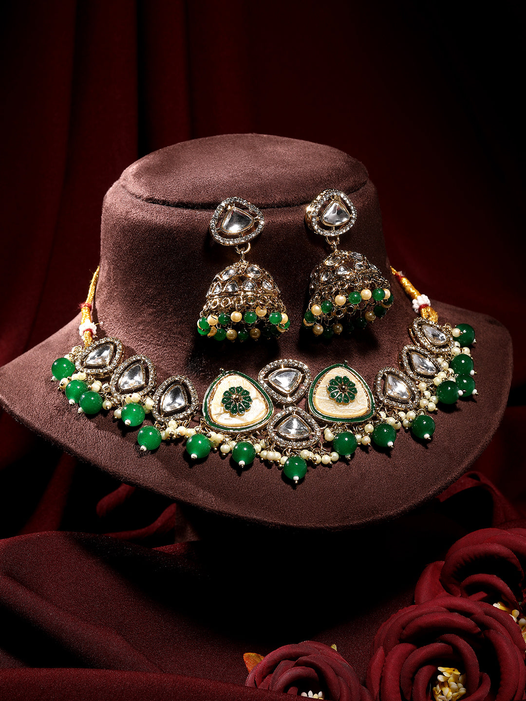 Bridal Meenakari choker necklace with matching earrings and tikka