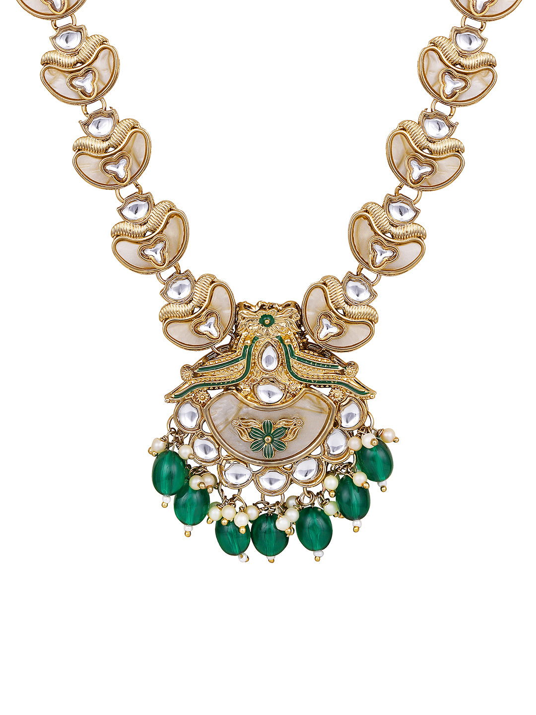 Meenakari bridal jewellery set with green stones and traditional design