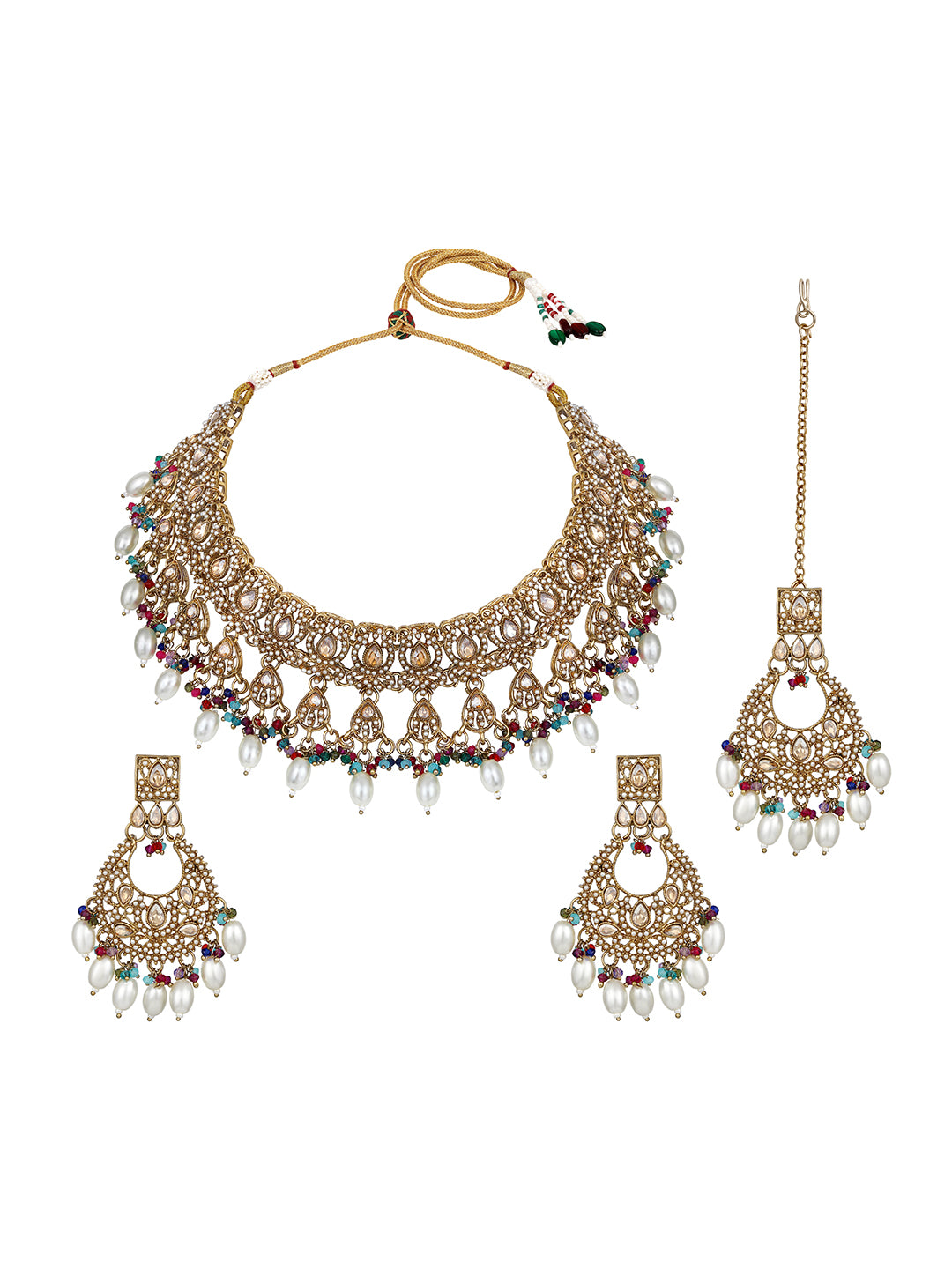 Multicolour bridal necklace set with matching earrings and maang tikka
