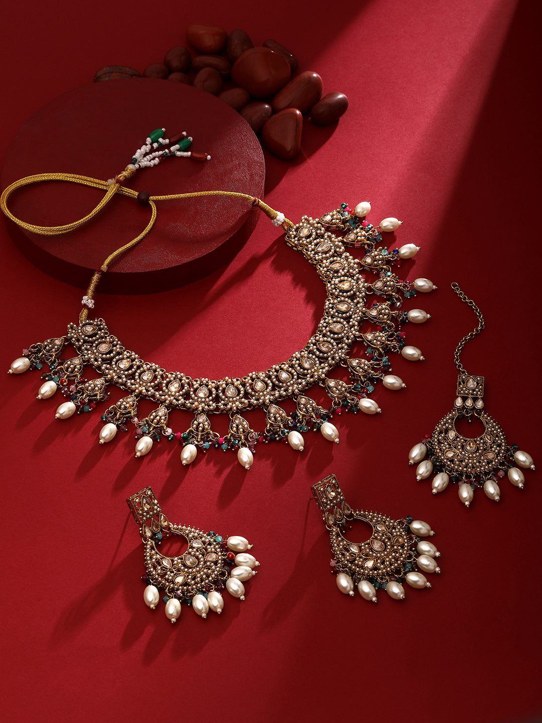Multicolour bridal necklace set with matching earrings and maang tikka