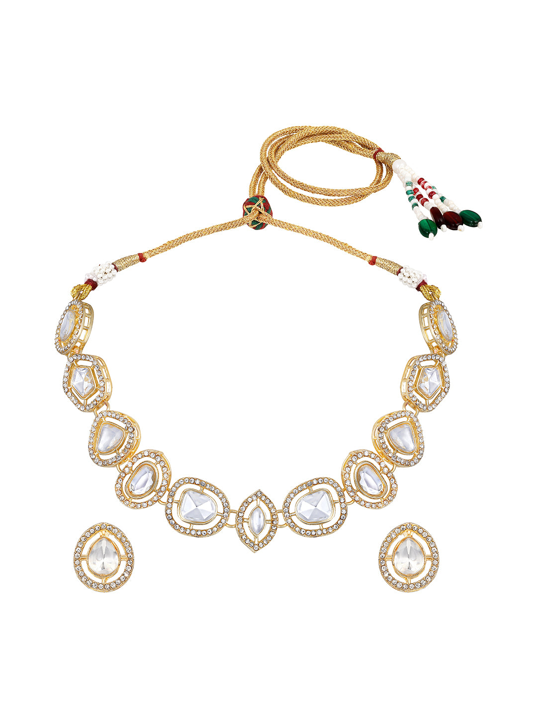 Gold Plated White Stone Choker Necklace Set with Matching Earrings