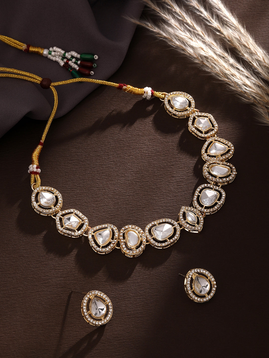 Gold Plated White Stone Choker Necklace Set with Matching Earrings