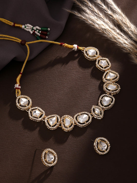 Gold Plated White Stone Choker Necklace Set with Matching Earrings