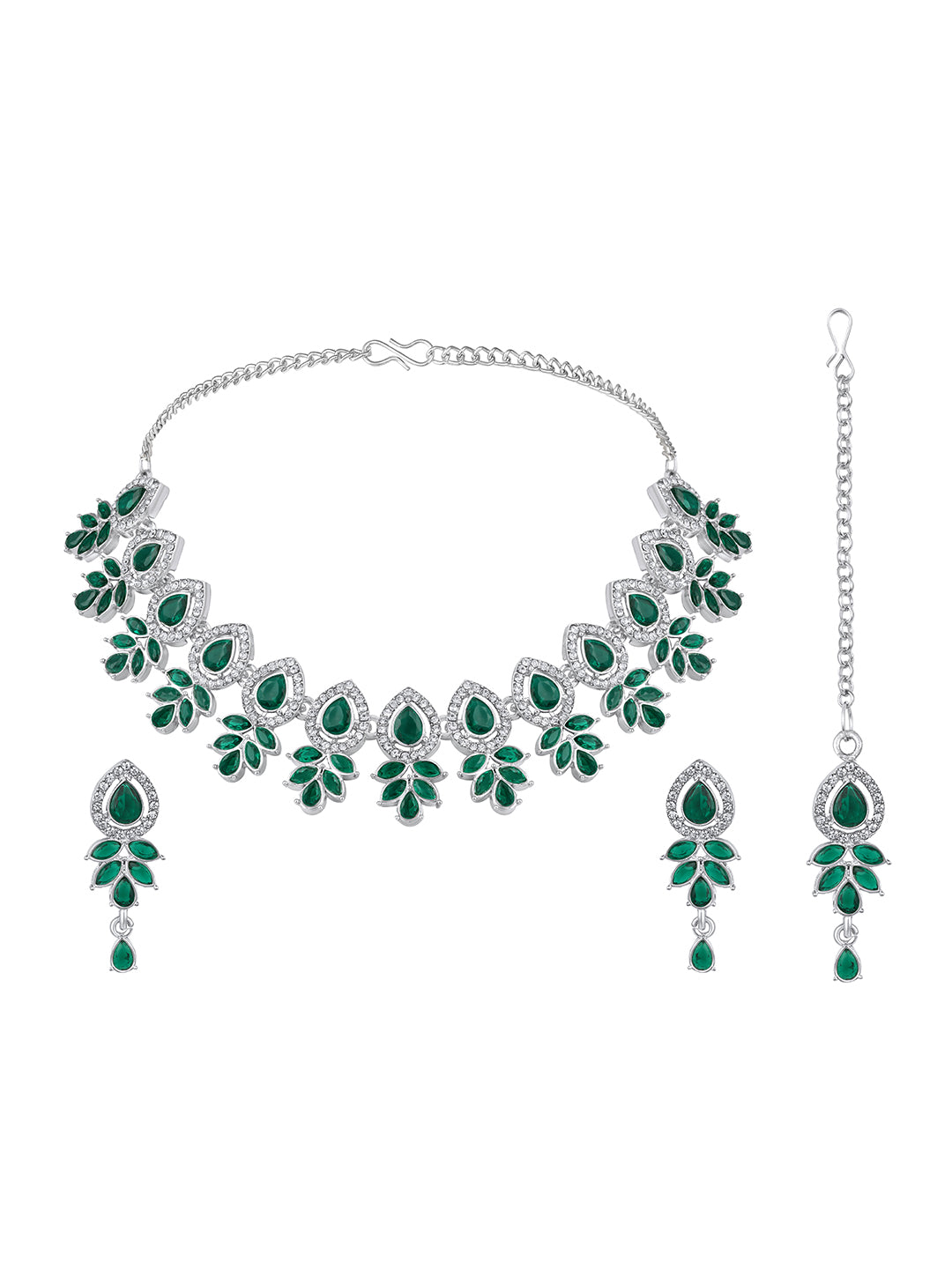 Green Stone Choker Necklace Set with Earrings and Maang Tikka for Women