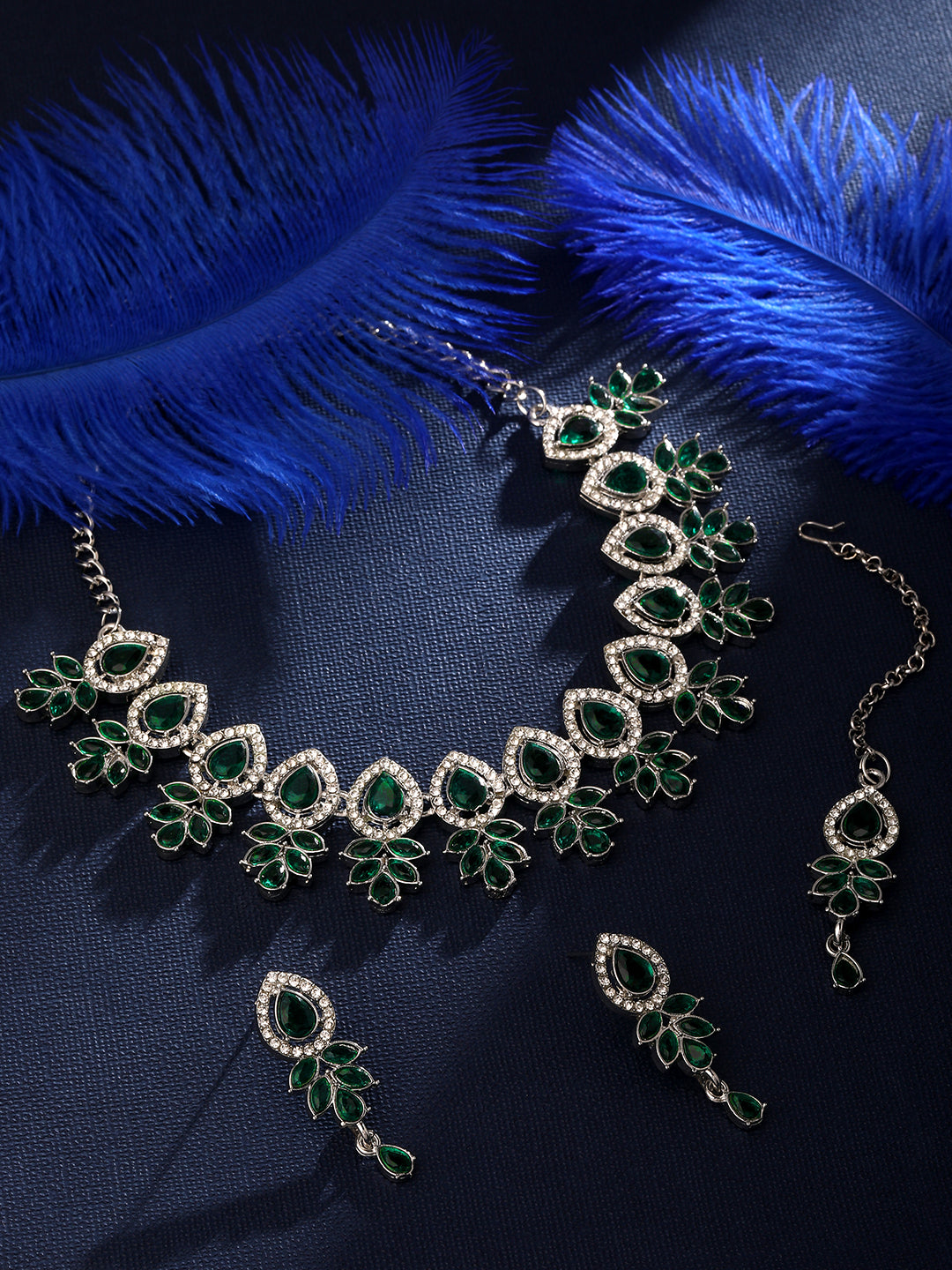 Green Stone Choker Necklace Set with Earrings and Maang Tikka for Women