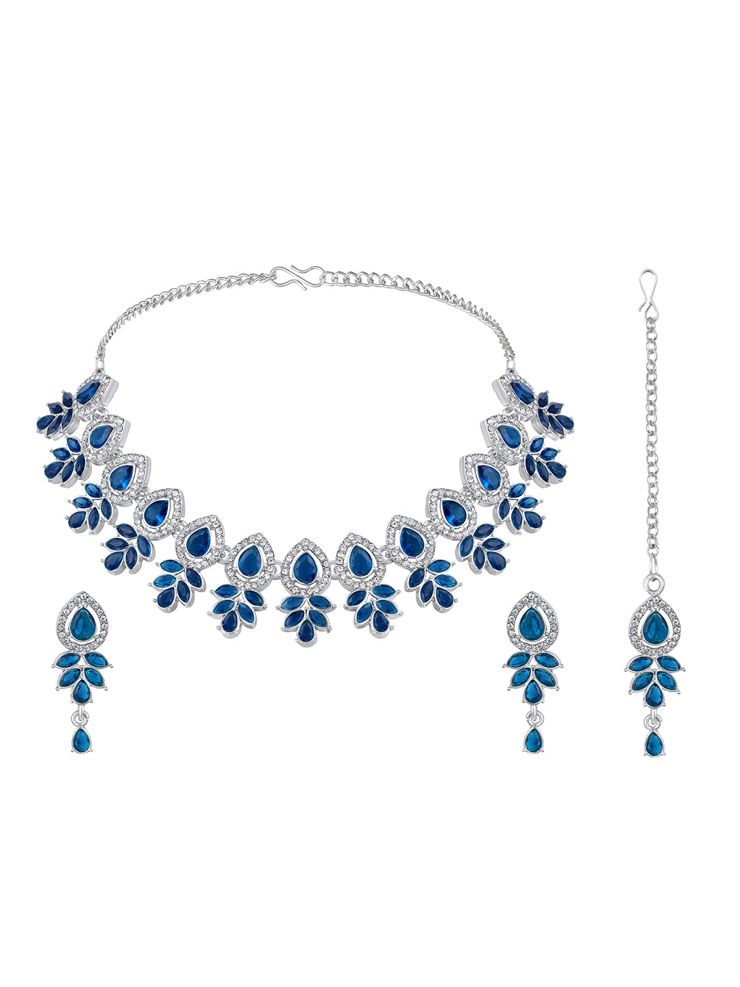 Rhodium plated blue stone choker jewellery set with matching earrings and maang tikka