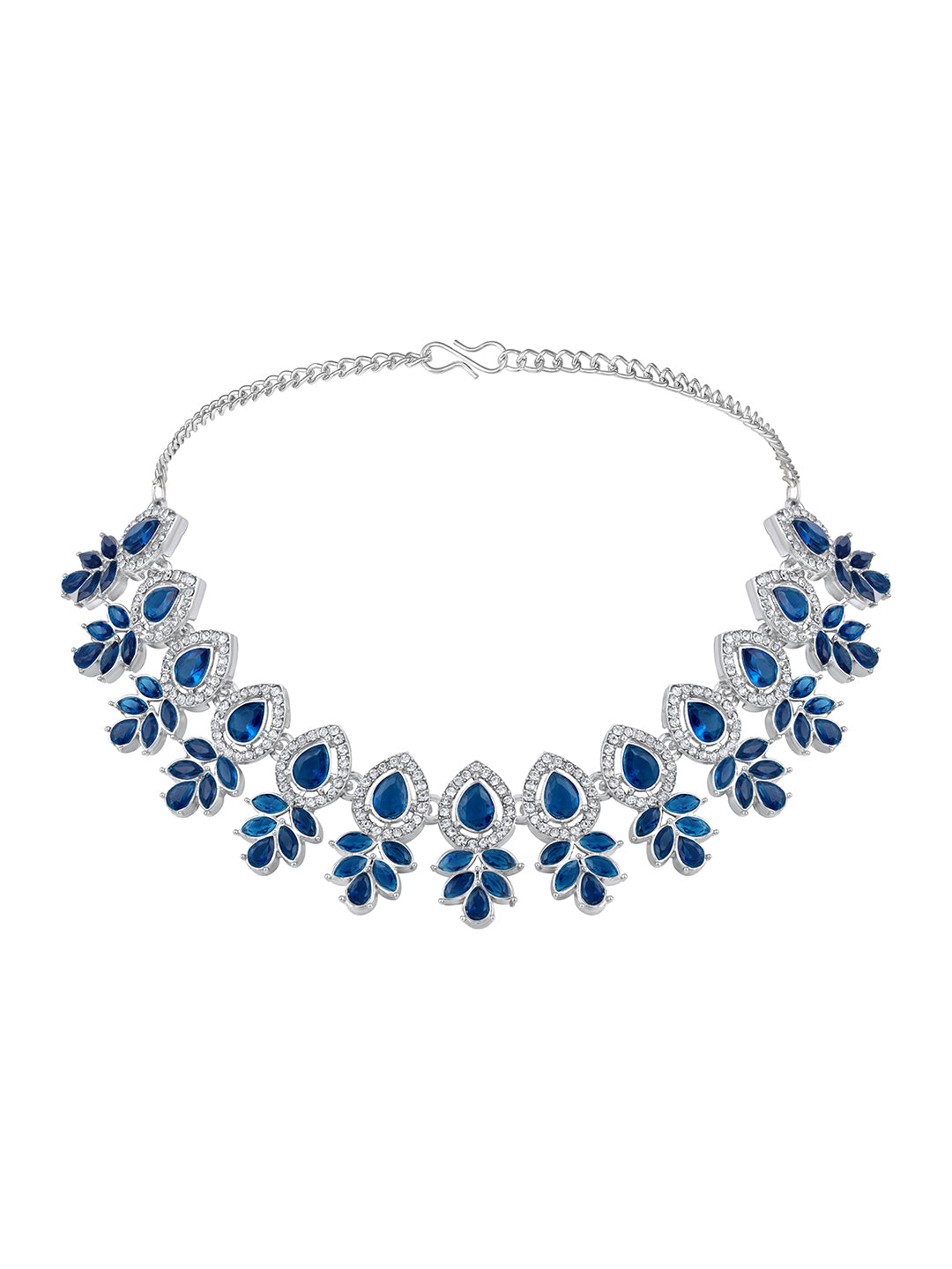 Rhodium plated blue stone choker jewellery set with matching earrings and maang tikka