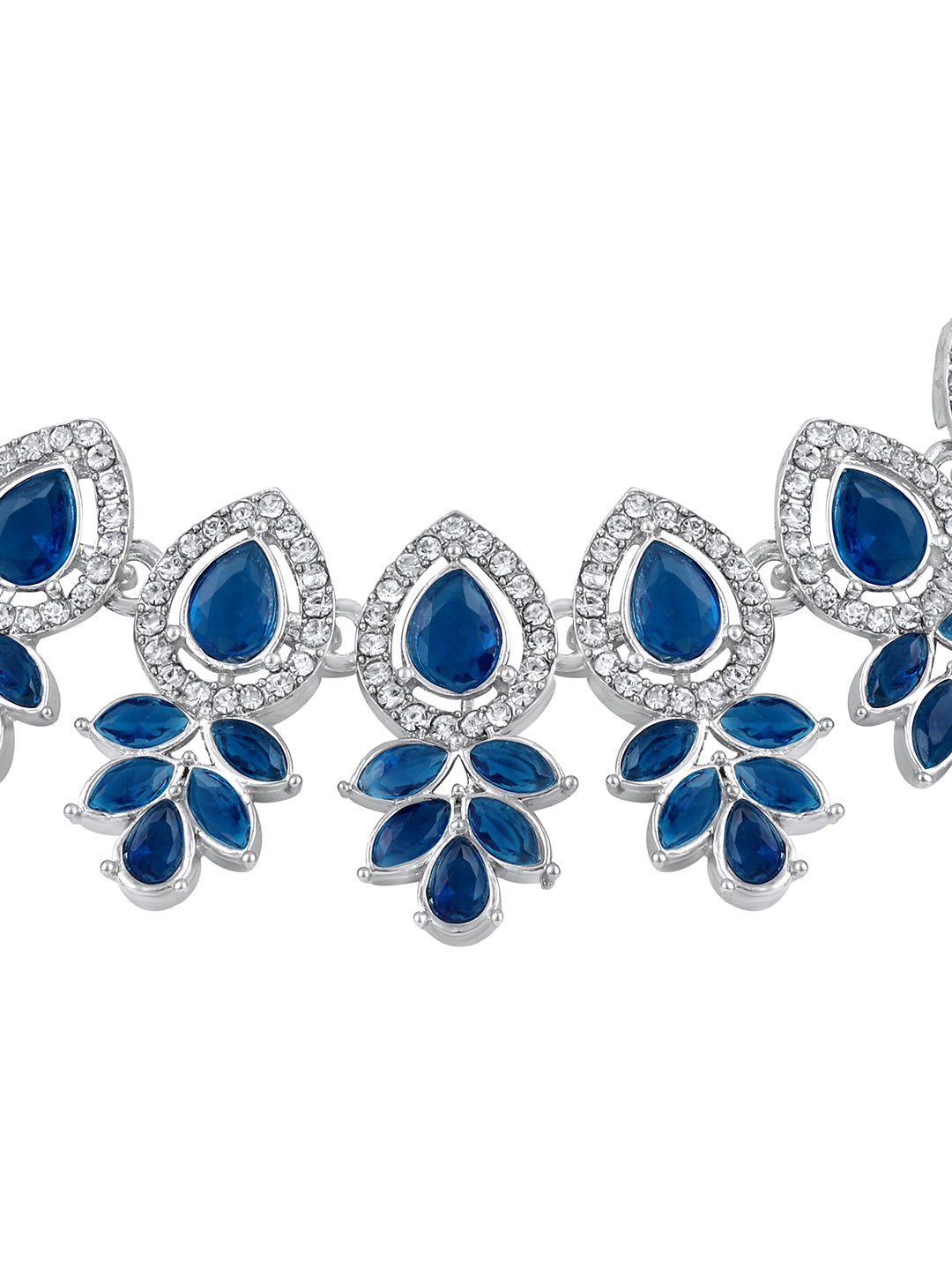 Rhodium plated blue stone choker jewellery set with matching earrings and maang tikka