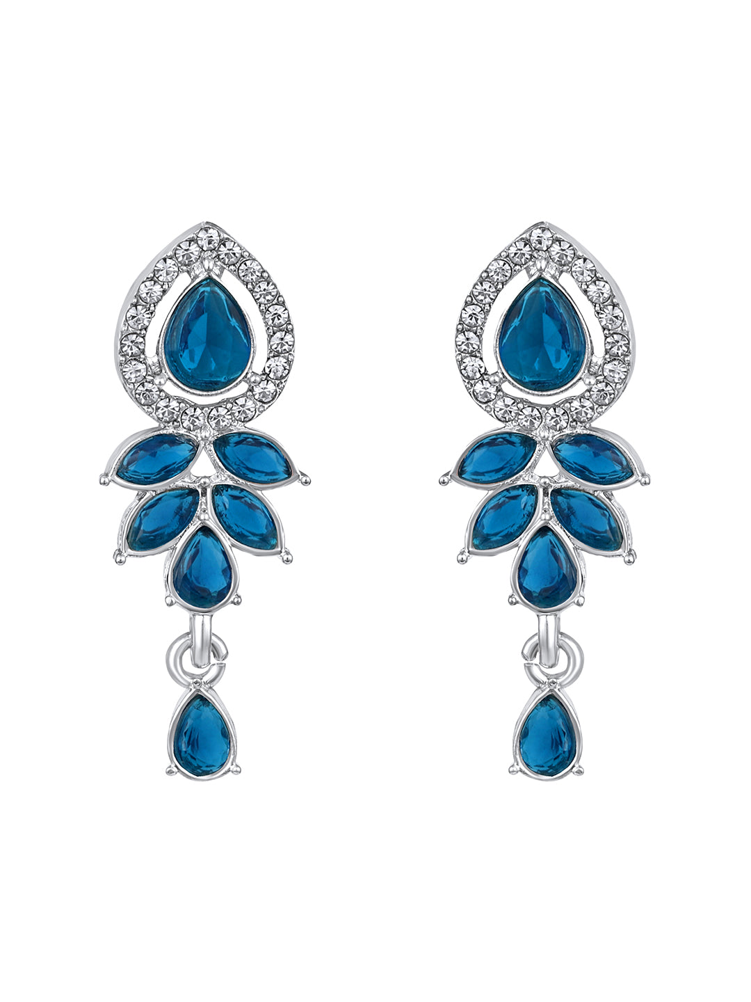 Rhodium plated blue stone choker jewellery set with matching earrings and maang tikka