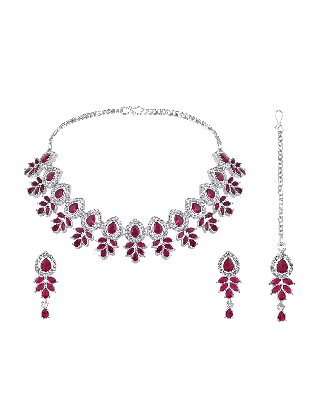 Rhodium Plated Austrian Pink Stone Choker Set