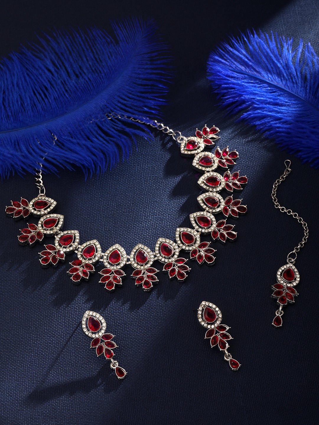 Rhodium Plated Austrian Pink Stone Choker Set