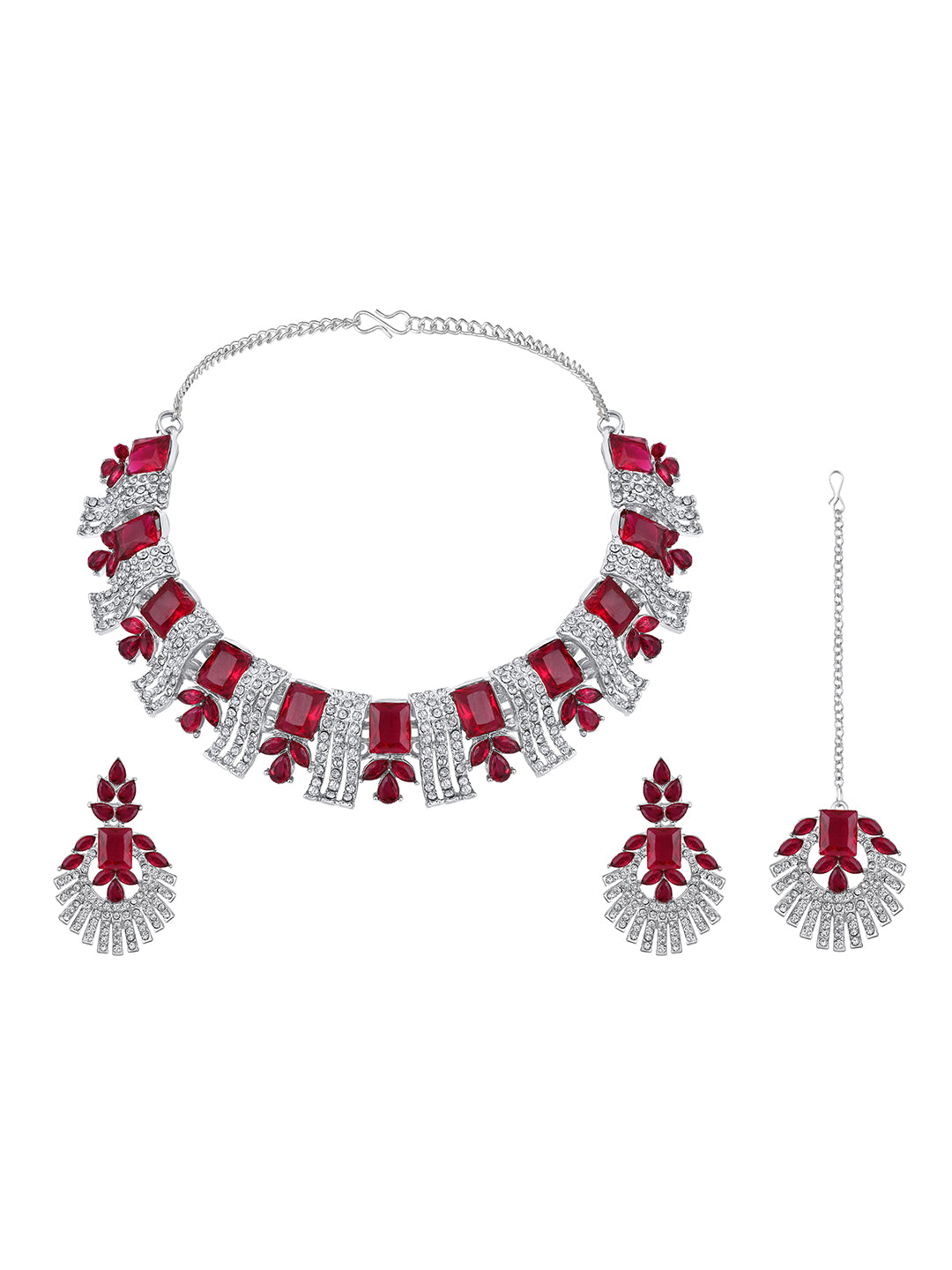 Rhodium Plated Ruby Red And White Stone Studded Choker Jewellery Set