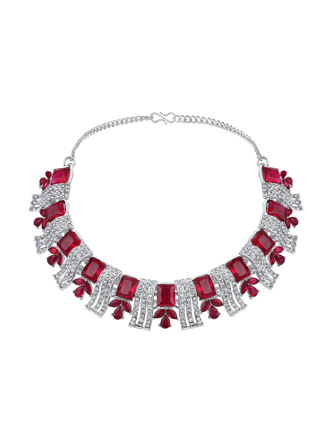Rhodium Plated Ruby Red And White Stone Studded Choker Jewellery Set