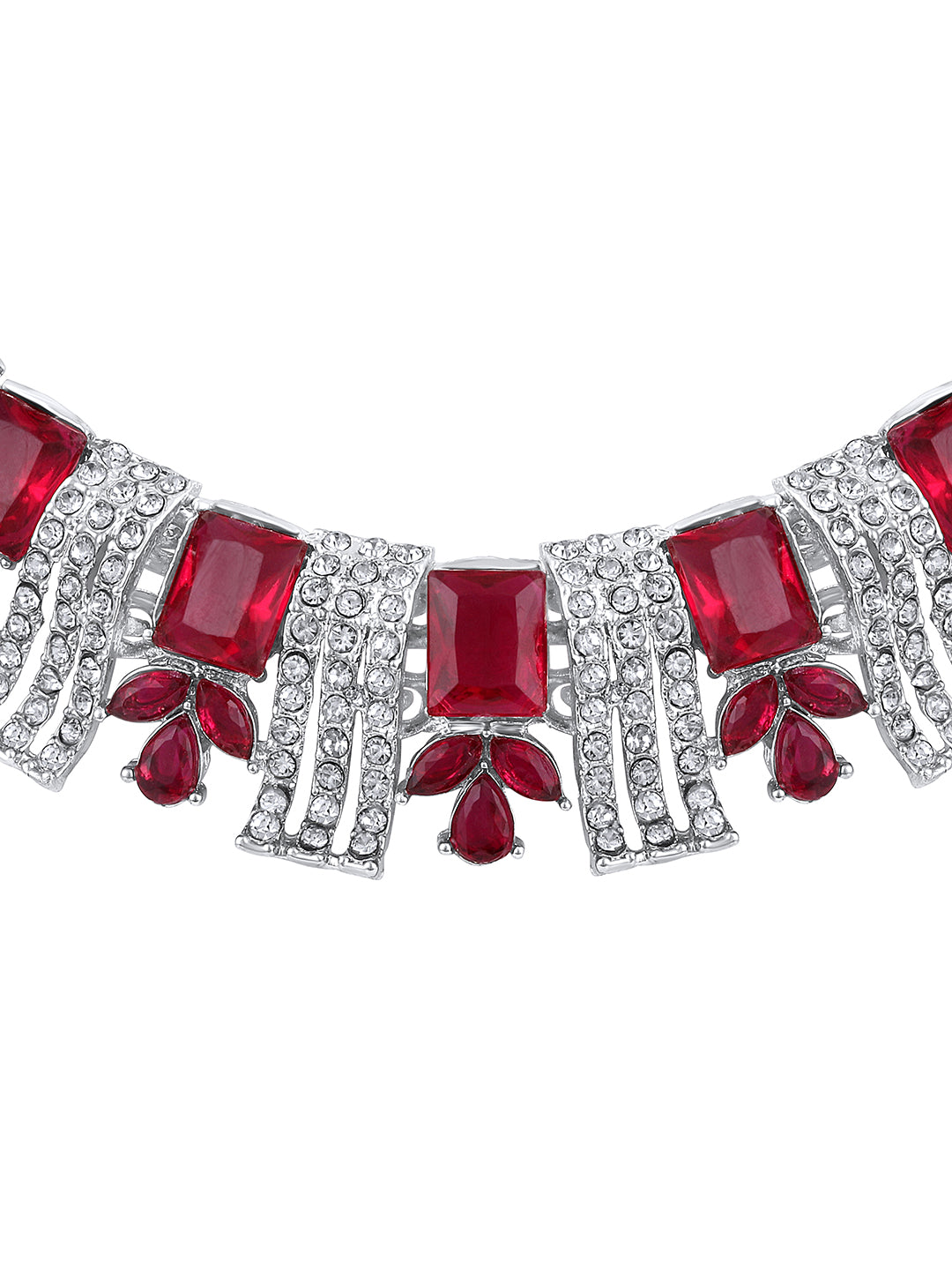 Rhodium Plated Ruby Red And White Stone Studded Choker Jewellery Set