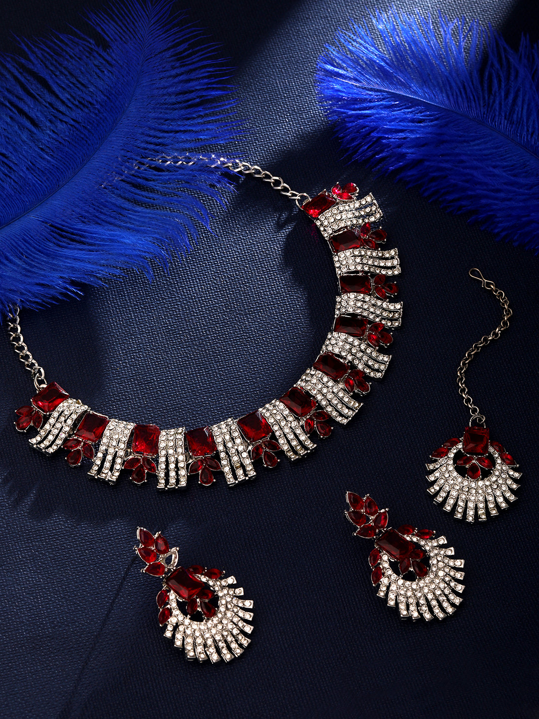 Rhodium Plated Ruby Red And White Stone Studded Choker Jewellery Set