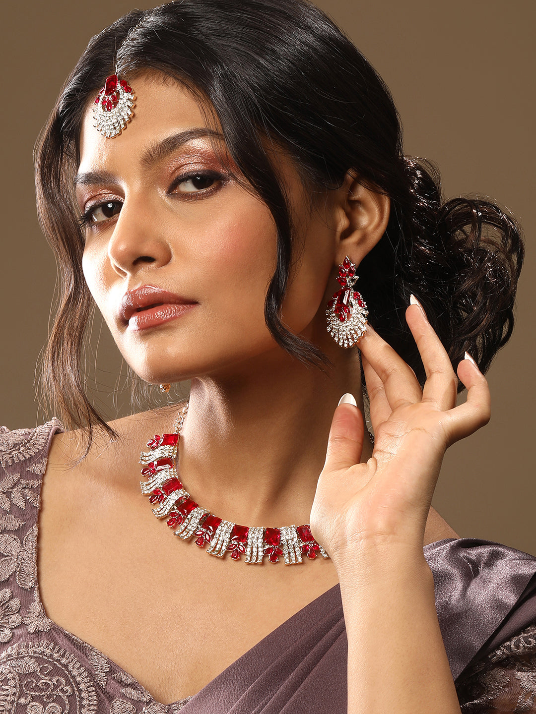 Rhodium Plated Ruby Red And White Stone Studded Choker Jewellery Set