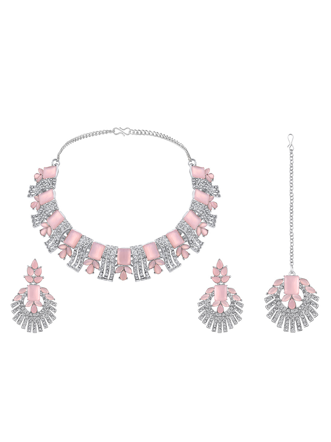 Rhodium Plated Baby Pink And White Stone Studded Choker Jewellery Set