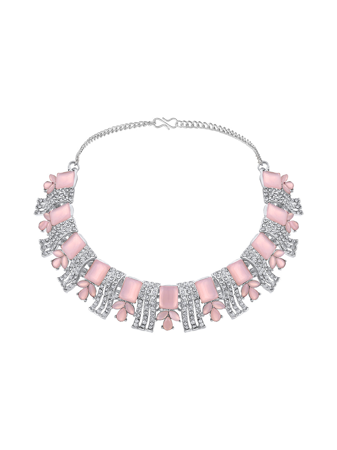 Rhodium Plated Baby Pink And White Stone Studded Choker Jewellery Set