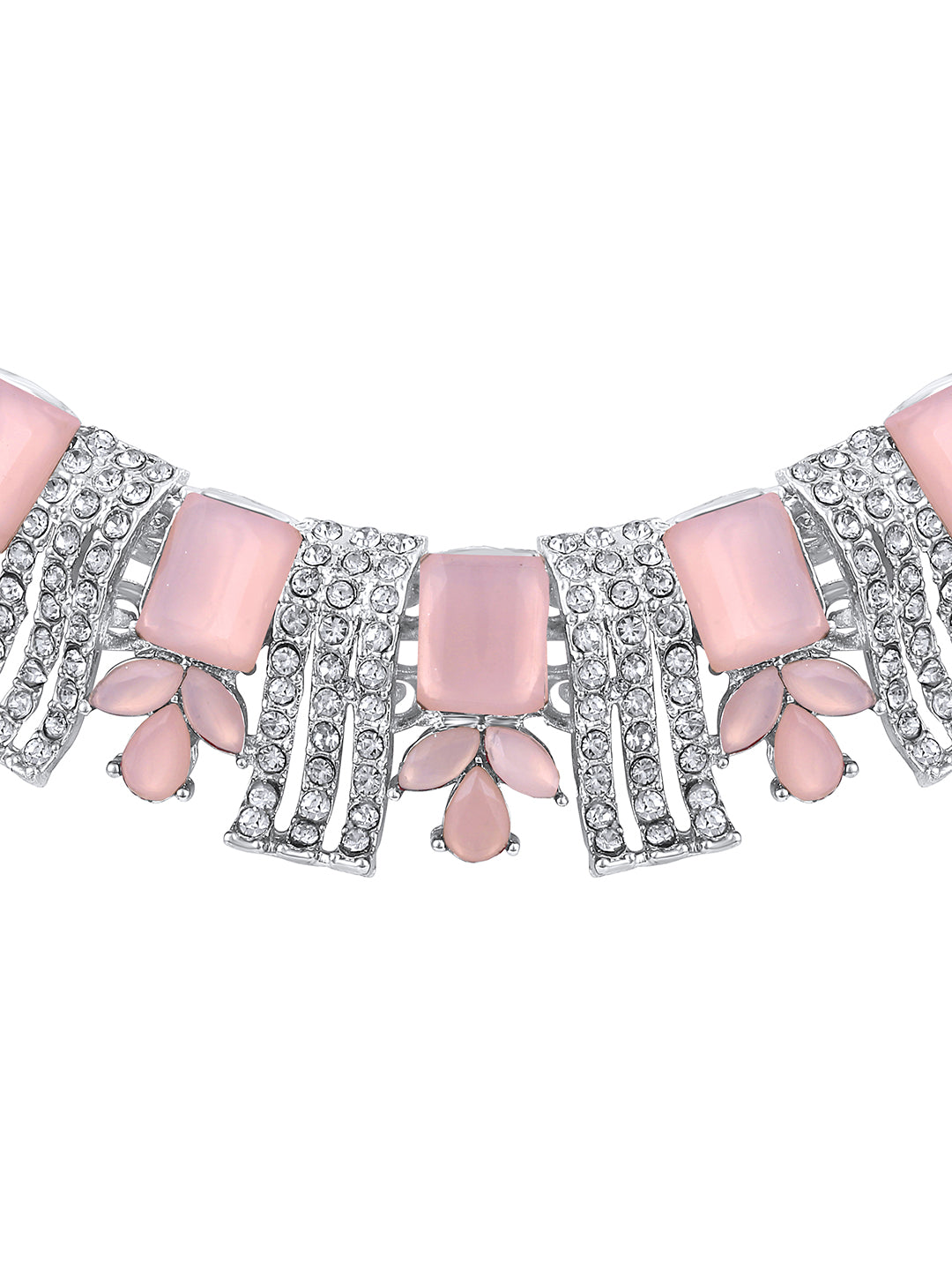 Rhodium Plated Baby Pink And White Stone Studded Choker Jewellery Set