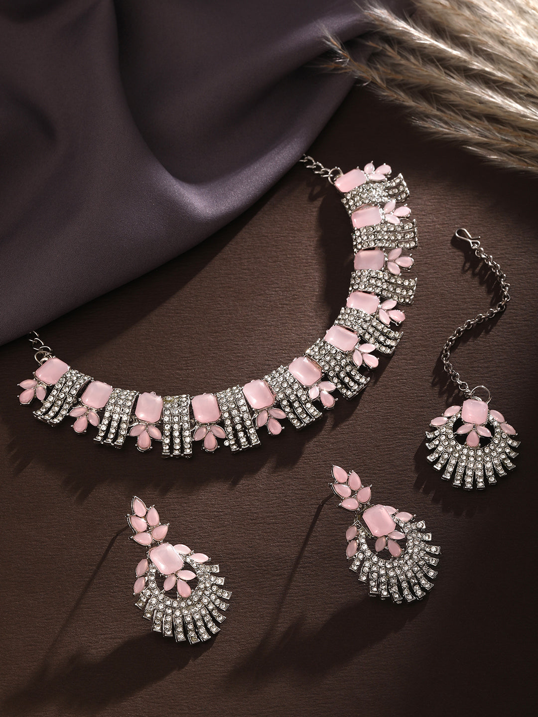 Rhodium Plated Baby Pink And White Stone Studded Choker Jewellery Set