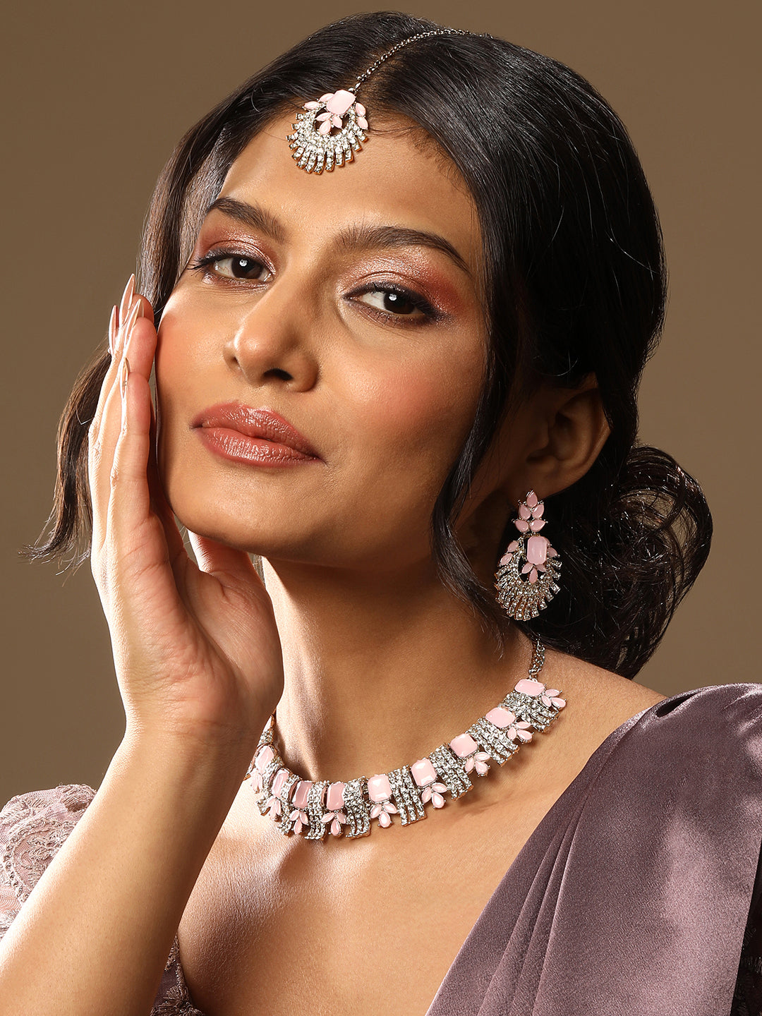 Rhodium Plated Baby Pink And White Stone Studded Choker Jewellery Set