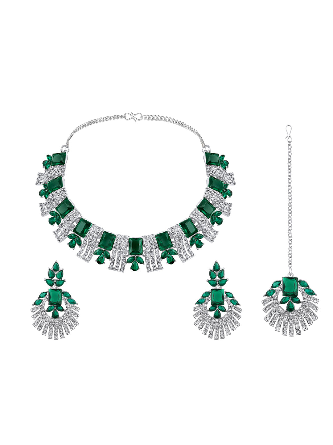 Rhodium Plated Emerald And White Stone Studded Choker Jewellery Set
