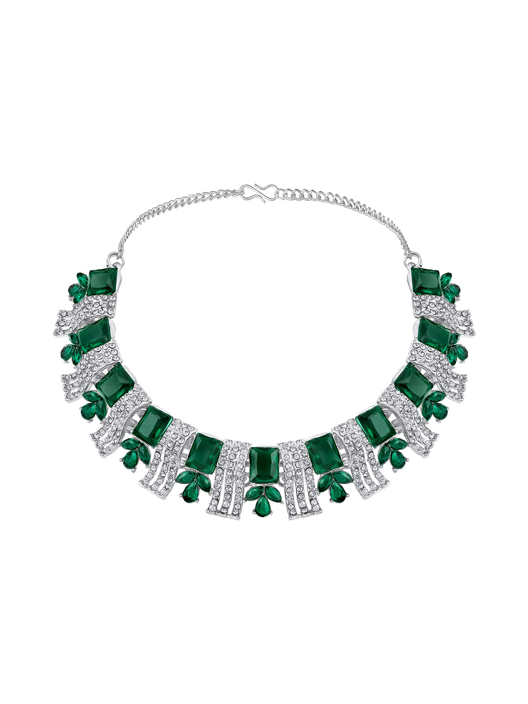 Rhodium Plated Emerald And White Stone Studded Choker Jewellery Set