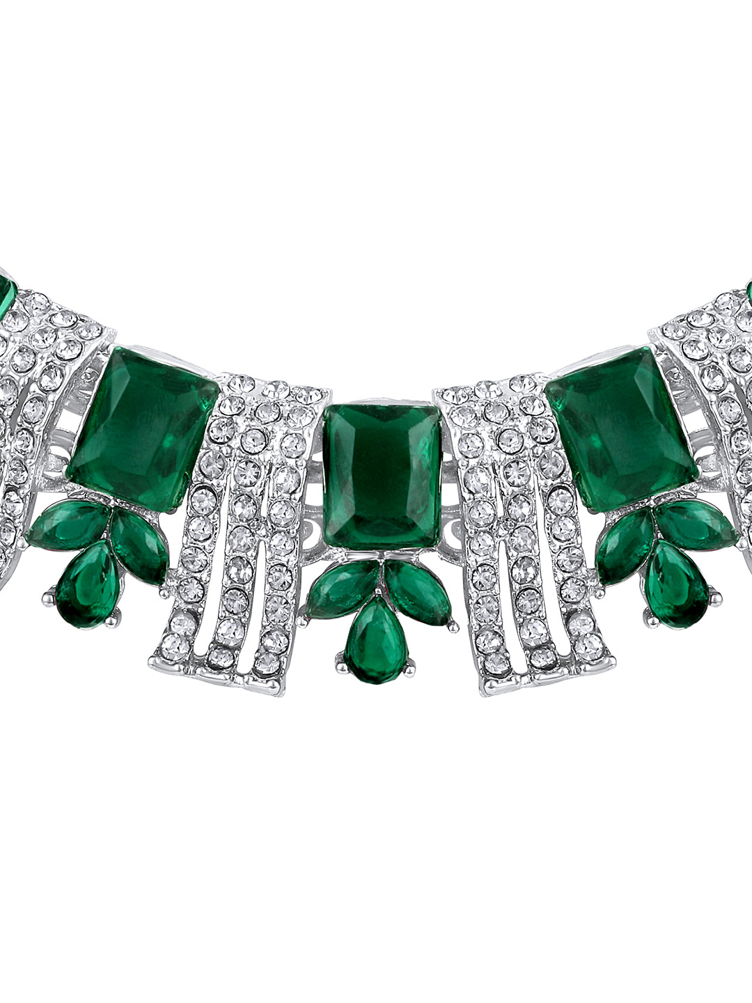 Rhodium Plated Emerald And White Stone Studded Choker Jewellery Set
