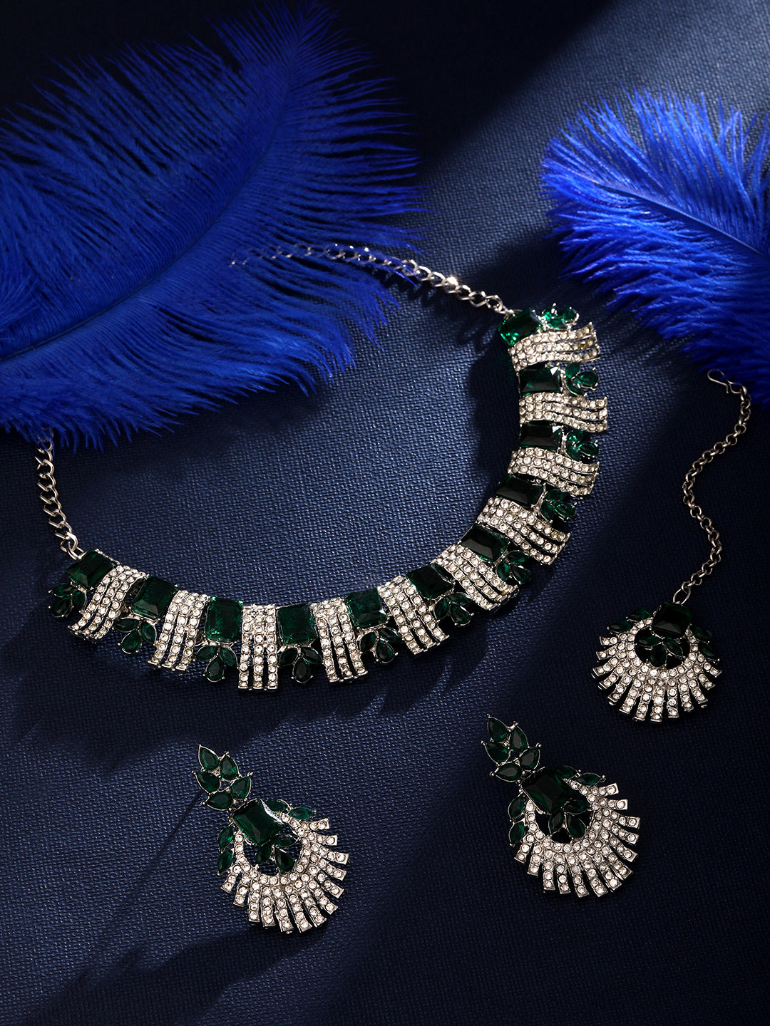 Rhodium Plated Emerald And White Stone Studded Choker Jewellery Set