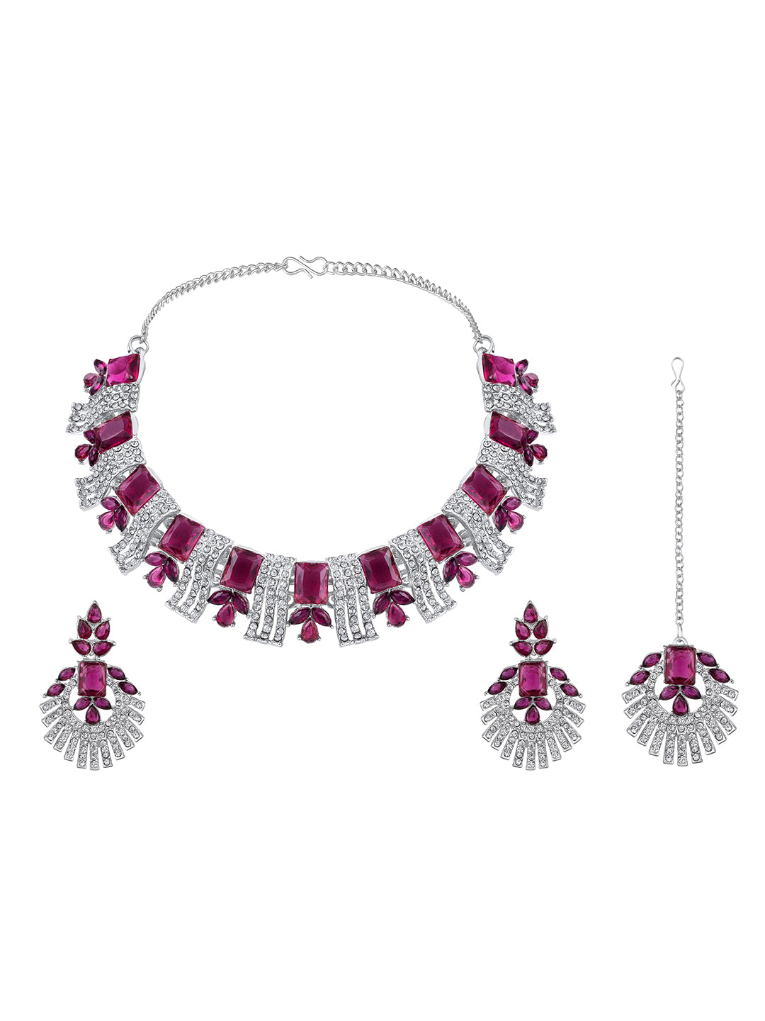 Rhodium Plated Wine And White Stone Studded Choker Jewellery Set