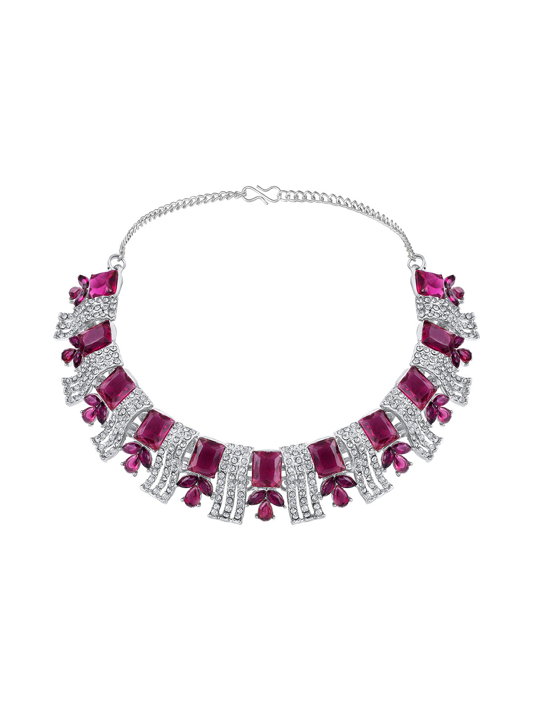 Rhodium Plated Wine And White Stone Studded Choker Jewellery Set