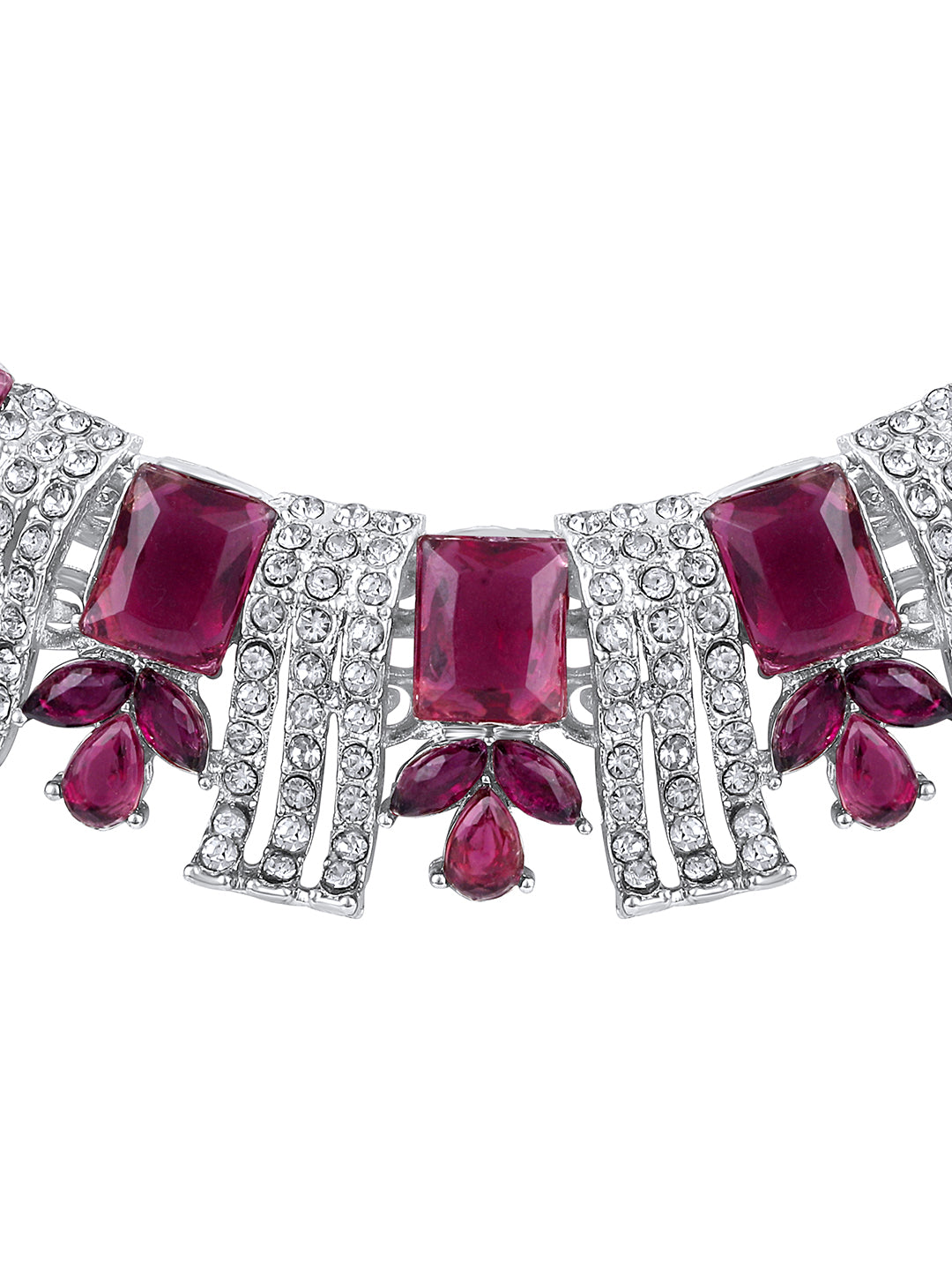 Rhodium Plated Wine And White Stone Studded Choker Jewellery Set