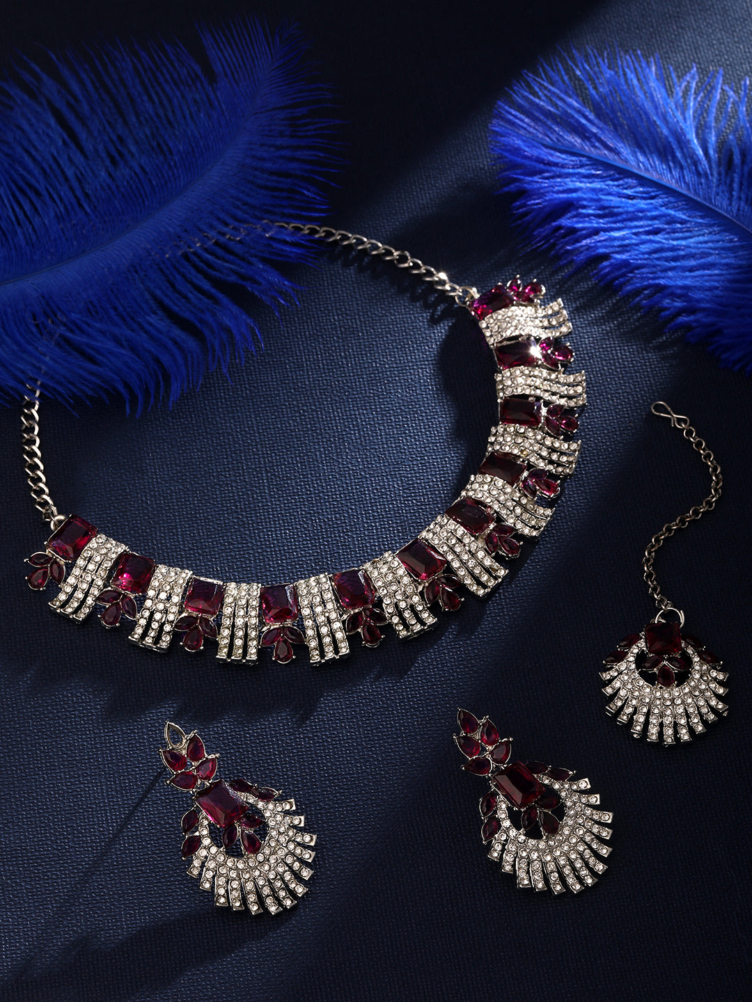 Rhodium Plated Wine And White Stone Studded Choker Jewellery Set