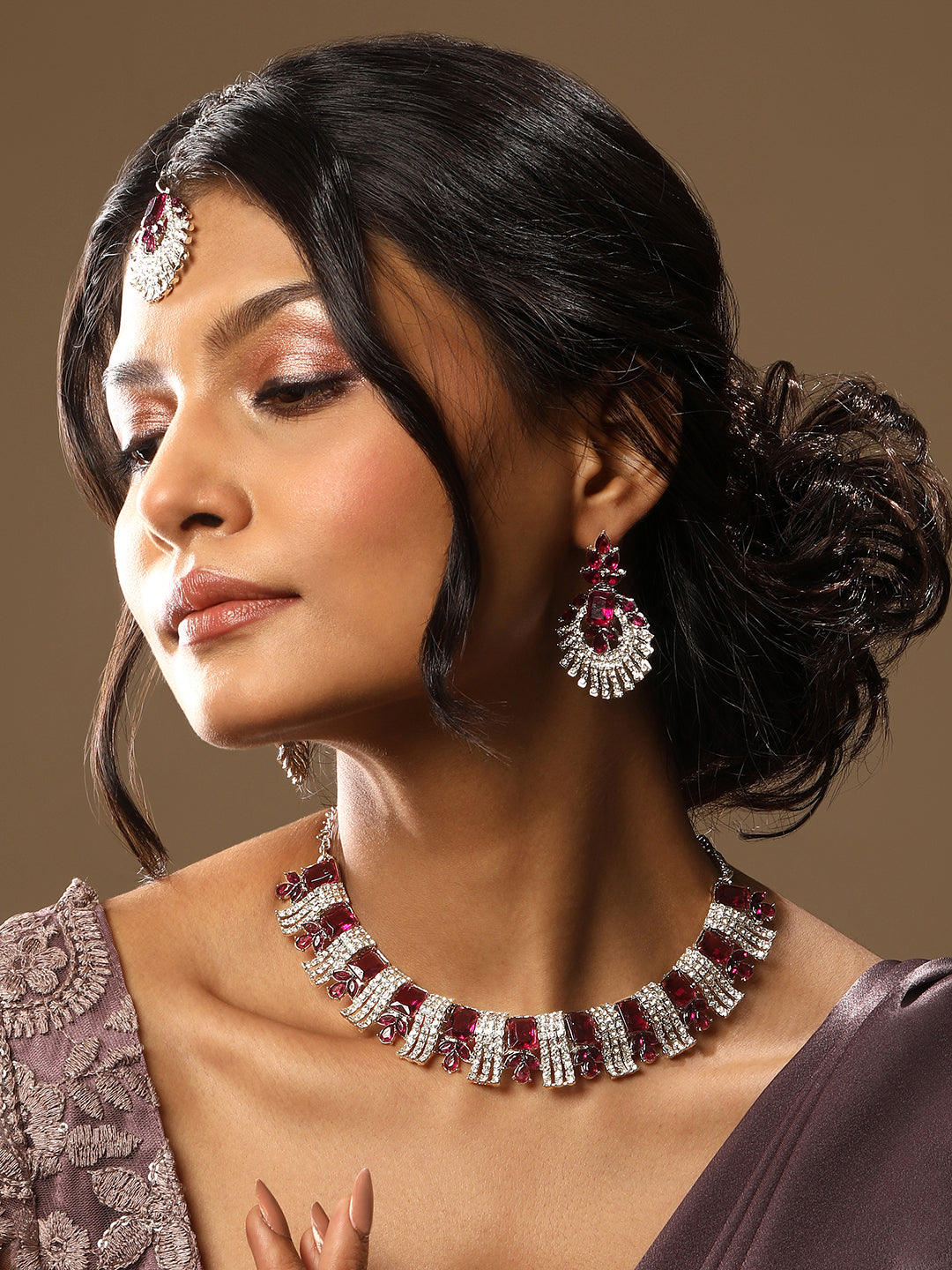 Rhodium Plated Wine And White Stone Studded Choker Jewellery Set