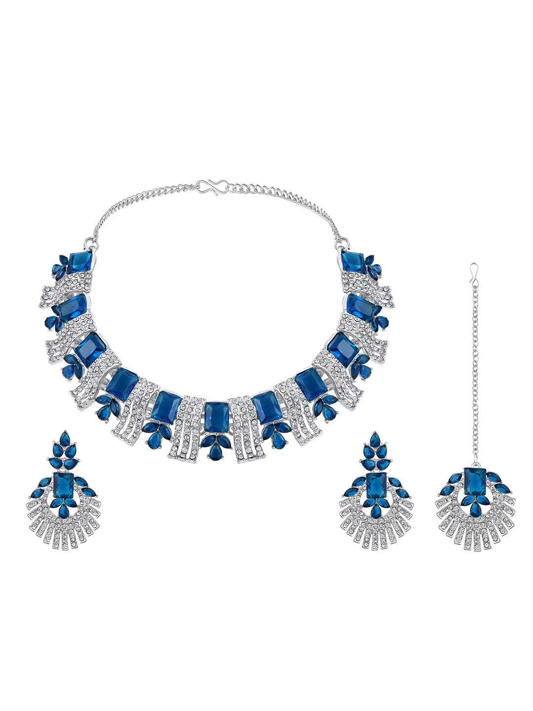 Rhodium Plated Royal Blue And White Stone Studded Choker Jewellery Set