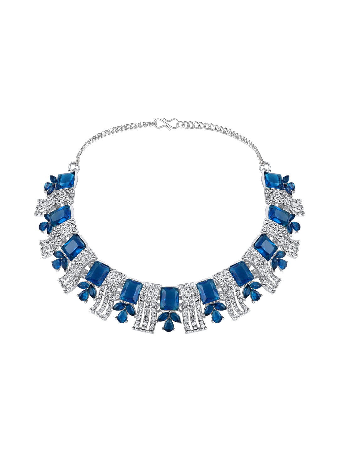 Rhodium Plated Royal Blue And White Stone Studded Choker Jewellery Set